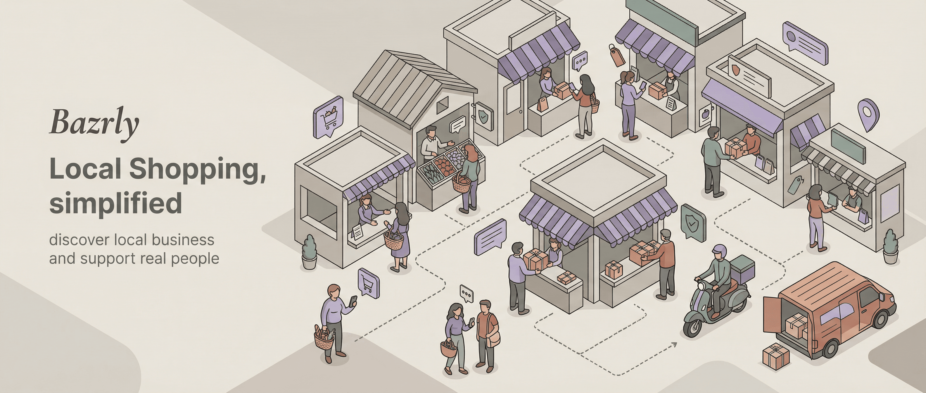 Bazrly marketplace illustration showing shops, buyers, sellers, and deliveries